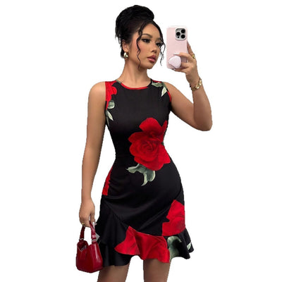 Vestido longo feminino estampado e justo – Elegante vestido maxi evasê com cinto na cintura