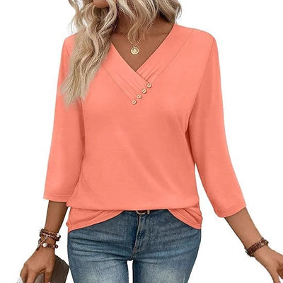 Camiseta feminina de outono nova, europeia e americana, com botões, decote em V, manga casual