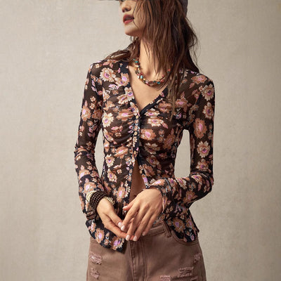 Camisa estampada europeia e americana feminina slim fit emagrecimento temperamento retrô