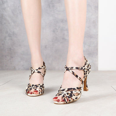 Sapatos de dança latina com estampa de leopardo, salto agulha feminino, sola macia para dança