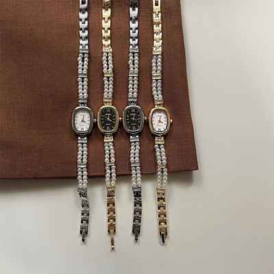Relógio feminino oval com disco simples e fashion de pérola
