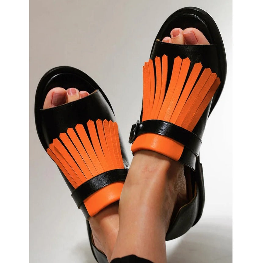 Sandálias de praia femininas casuais de verão, salto baixo com borla, tamanho grande 40-43, bico redondo